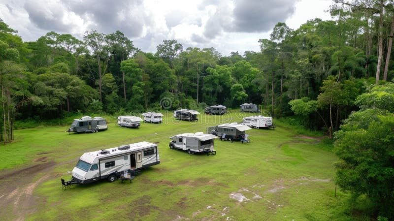 camping car stationne dans un paysage verdoyant