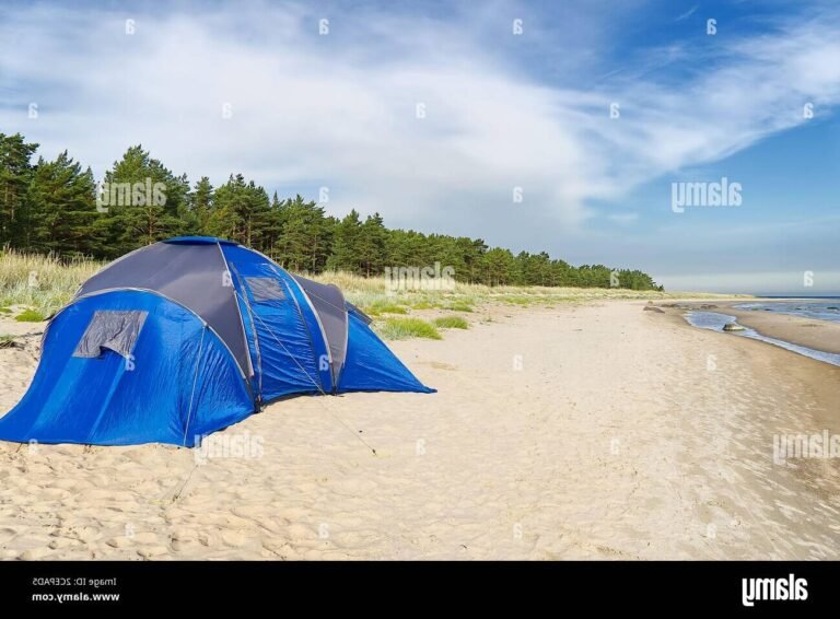 plage ensoleillee avec tentes de camping