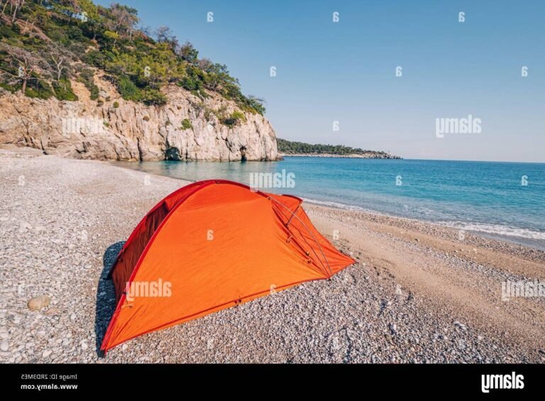 plage idyllique avec tentes de camping