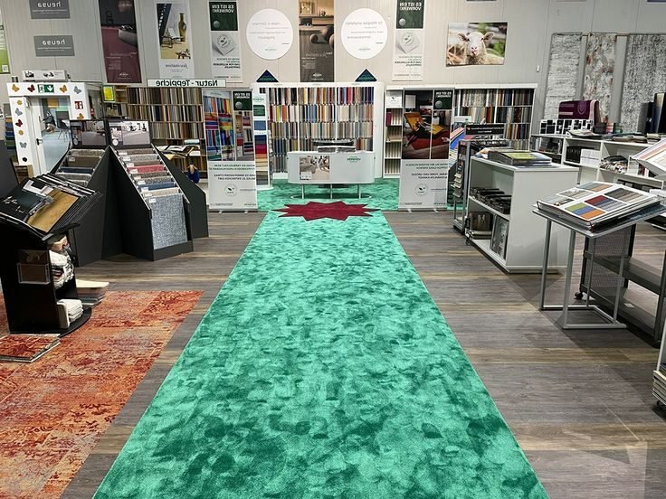 tapis verts exposes dans un magasin